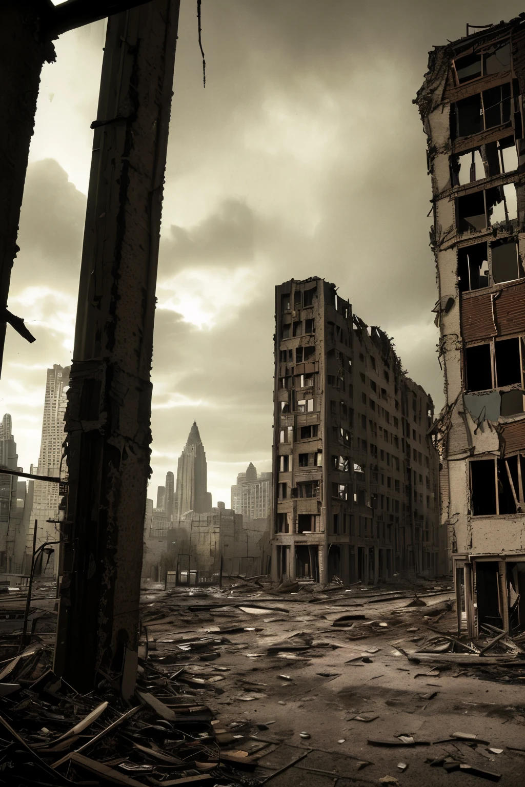 Describe the environment as a post-apocalyptic scenario, with debris, smoke and ruins all around. Soldiers must be immersed in a desolate landscape where the horror of war is evidentDescribe the environment as a post-apocalyptic scenario, with debris, smoke and ruins all around. Soldiers must be immersed in a desolate landscape where the horror of war is evident