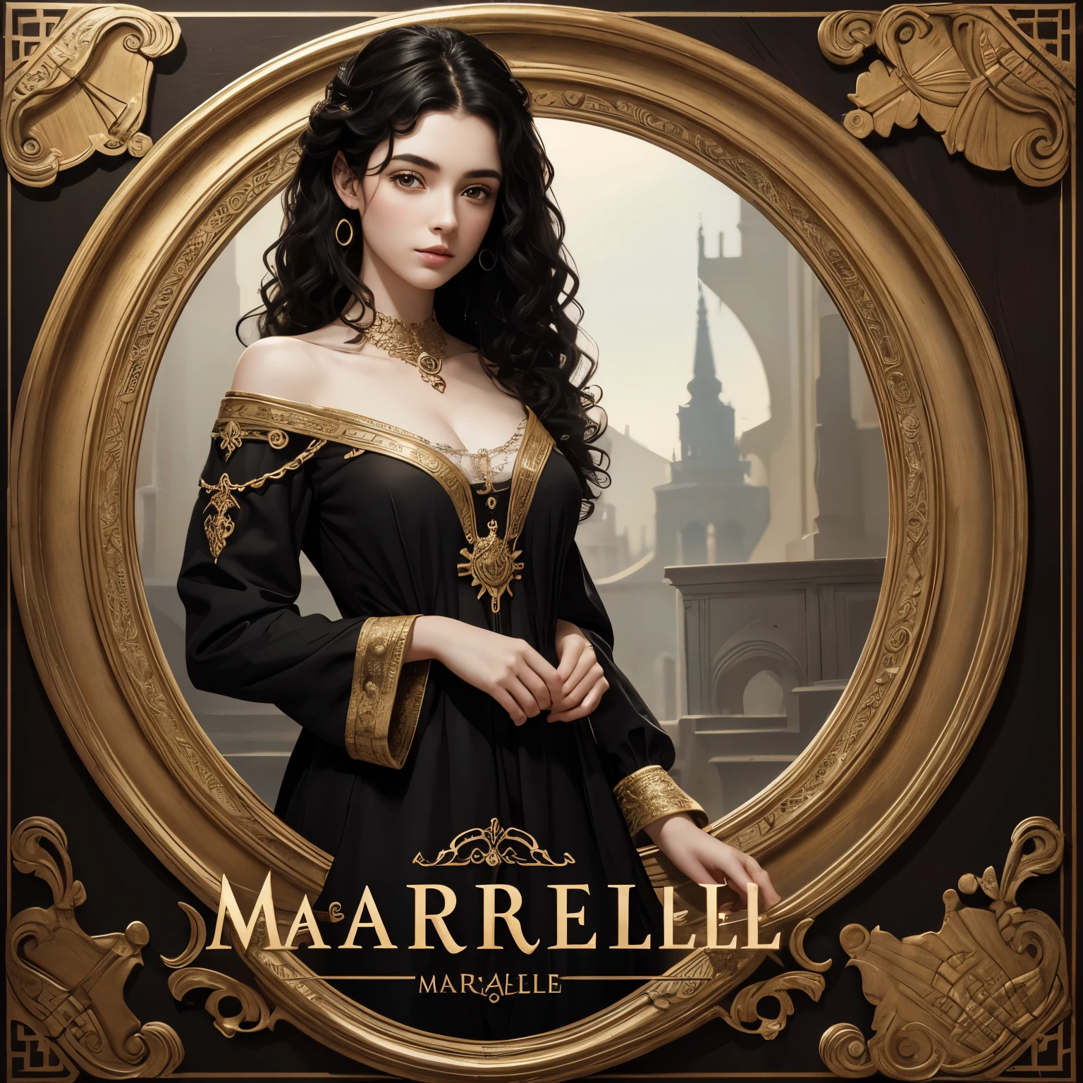 A impressive logo with 'Marielle' name which should be antique and impressive, using a black curly hair girl with dark eyes and pale skin 