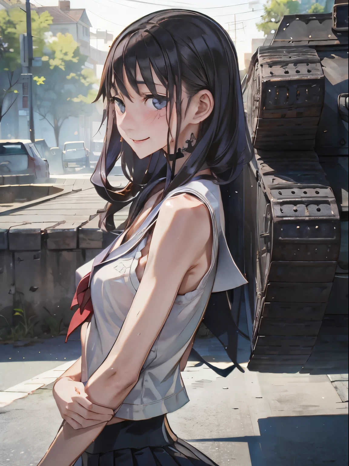 A beautiful girl goes to school in a tank、Girl and Tank、A tank and a girl walking side by side、Sailor 、Upper body close-up、Shy laugh、Tank in the background