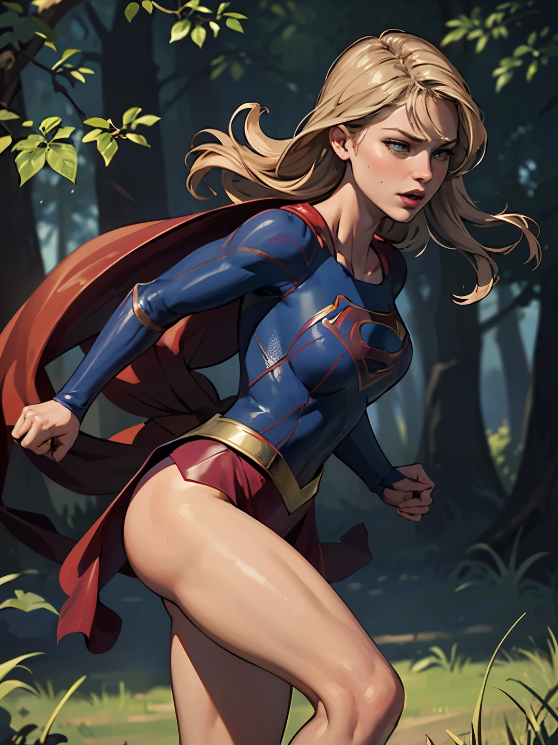 ((highest quality)), ((masterpiece)), (be familiar with), (High definition), (Realistic), (Realistic), (Best Shadow), Low contrast, (Complex:1.4), Side lighting, 8K, ((melissa Benoist)), ((SUPER GIRL)), Perfect Face、Detailed、(Accurate hand and finger depiction)、supergirl women、Blonde、Voluptuous body、Large Breasts、Narrow waist、Big Ass、Alluring、glamorous、(Action Scenes)、((Kicking an enemy:1.2))、sweating、On the grass、in the deep forest、blue sky、((Lower body close-up:1.2))