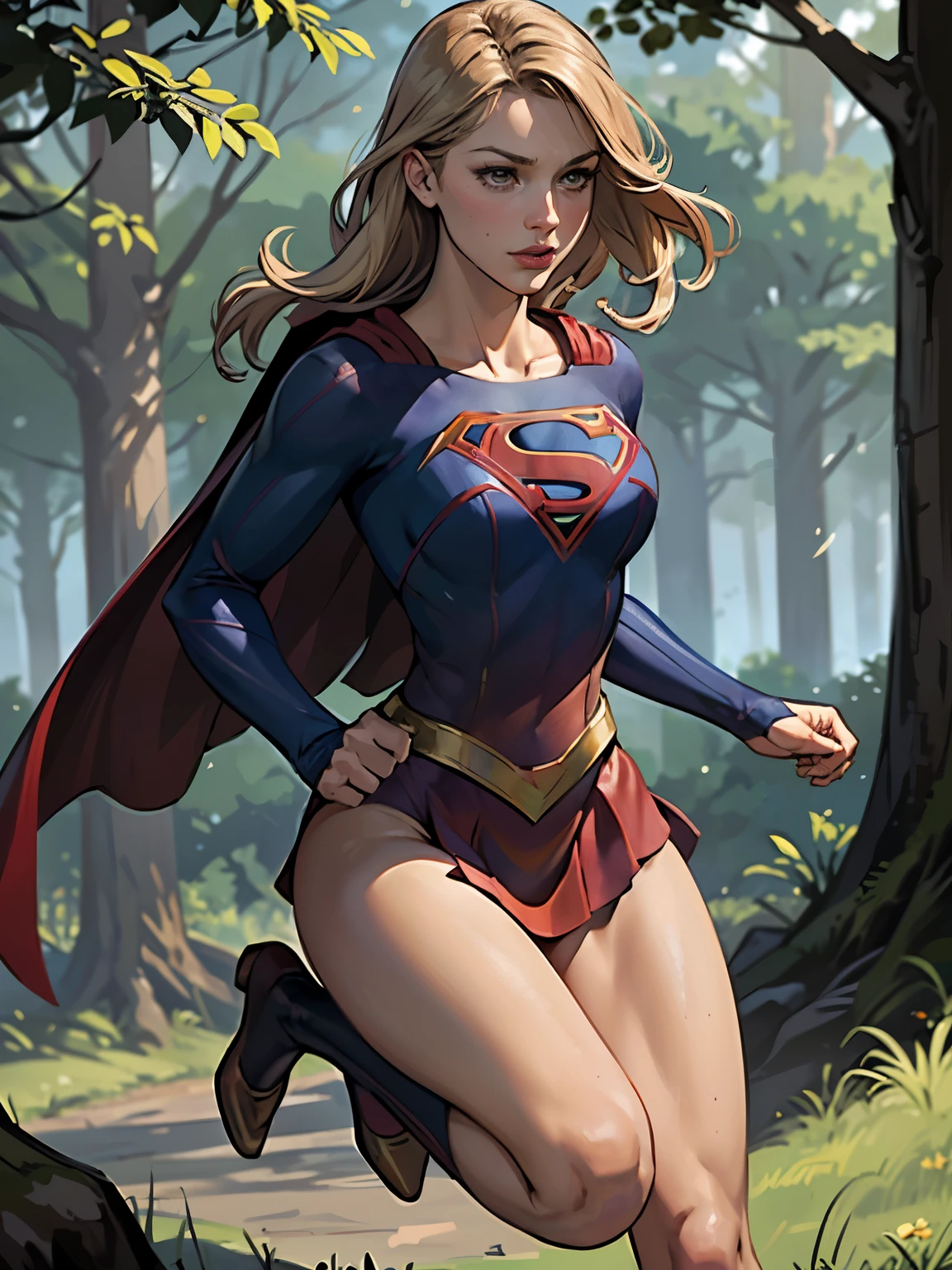 ((highest quality)), ((masterpiece)), (be familiar with), (High definition), (Realistic), (Realistic), (Best Shadow), Low contrast, (Complex:1.4), Side lighting, 8K, ((melissa Benoist)), ((SUPER GIRL)), Perfect Face、Detailed、(Accurate hand and finger depiction)、supergirl women、Blonde、Voluptuous body、Large Breasts、Narrow waist、Big Ass、Alluring、glamorous、(Action Scenes)、((Kicking an enemy:1.2))、sweating、On the grass、in the deep forest、blue sky、((Lower body close-up:1.2))