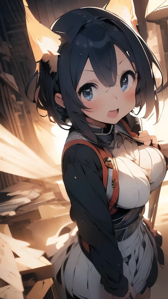 ((top-quality, ultra-definition, high resolution)), (high quality), (Best illustration), ((beautiful fingers)), ((anime)), perfect and dynamic composition, beautiful and detailed eyes, medium hair, medium breast, natural color lip, stray hair, short hair, cracking up, Balancing, low angle, very wide shot, Counter staff