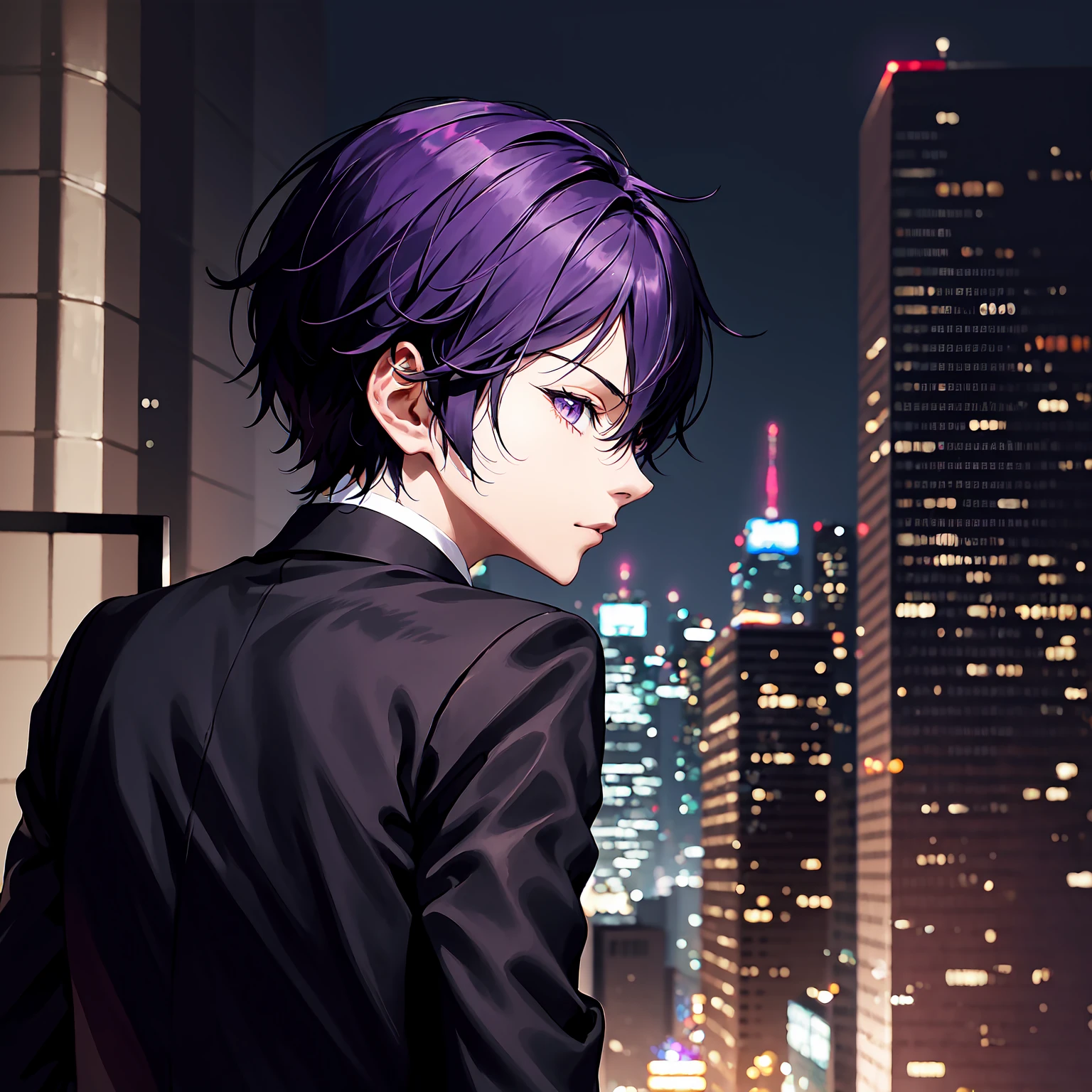 1boy, short purple hair, dark purple eyes, wearing all black suits, on top of a building, high res, ultrasharp, 8k, masterpiece, looking at viewer from behind