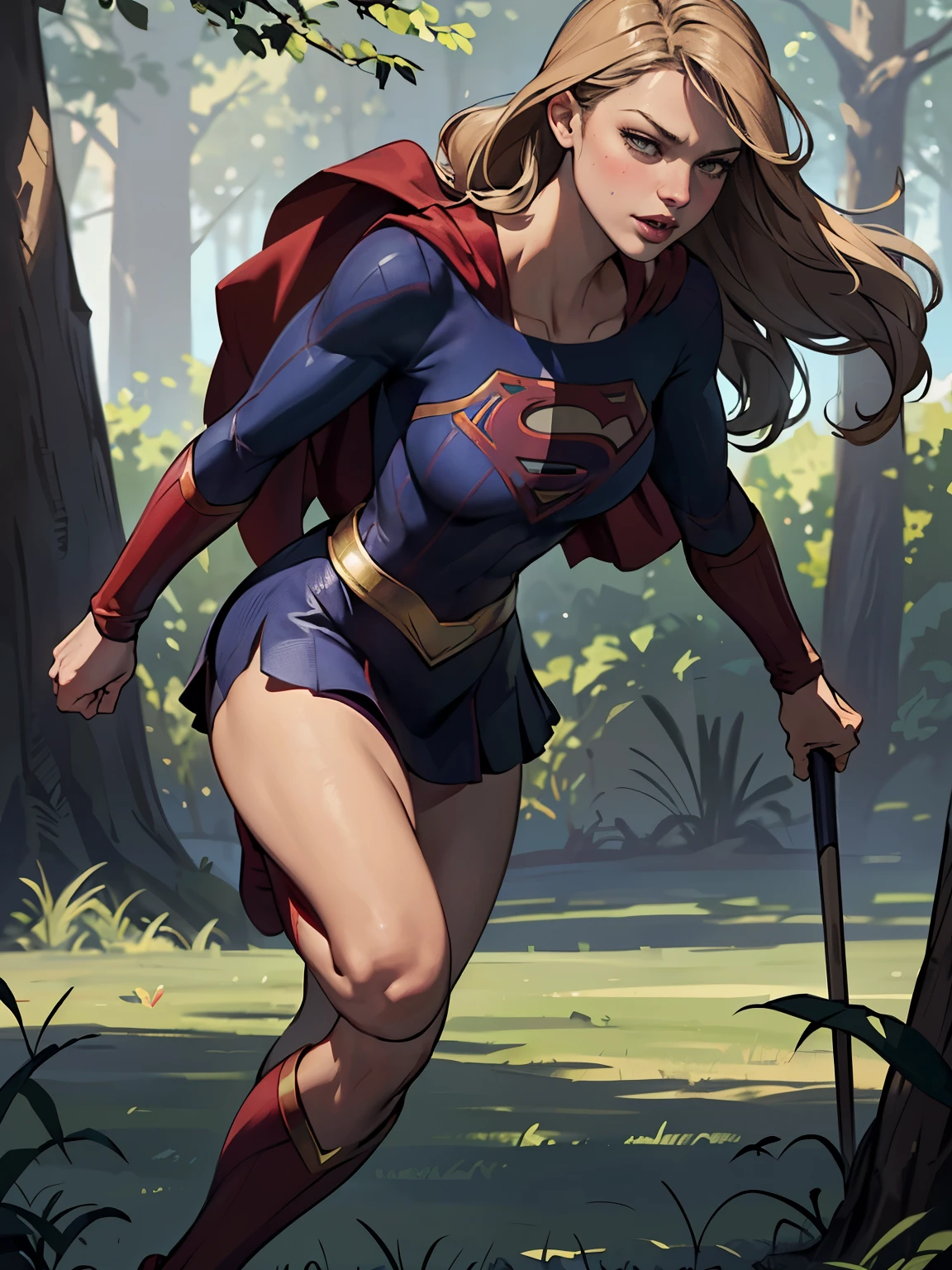 ((highest quality)), ((masterpiece)), (be familiar with), (High definition), (Realistic), (Realistic), (Best Shadow), Low contrast, (Complex:1.4), Side lighting, 8K, ((melissa Benoist)), ((SUPER GIRL)), Perfect Face、Detailed、(Accurate hand and finger depiction)、supergirl women、Blonde、Voluptuous body、Large Breasts、Narrow waist、Big Ass、Alluring、glamorous、(Action Scenes)、((Kicking an enemy:1.2))、sweating、On the grass、in the deep forest、blue sky、((Lower body close-up:1.2))