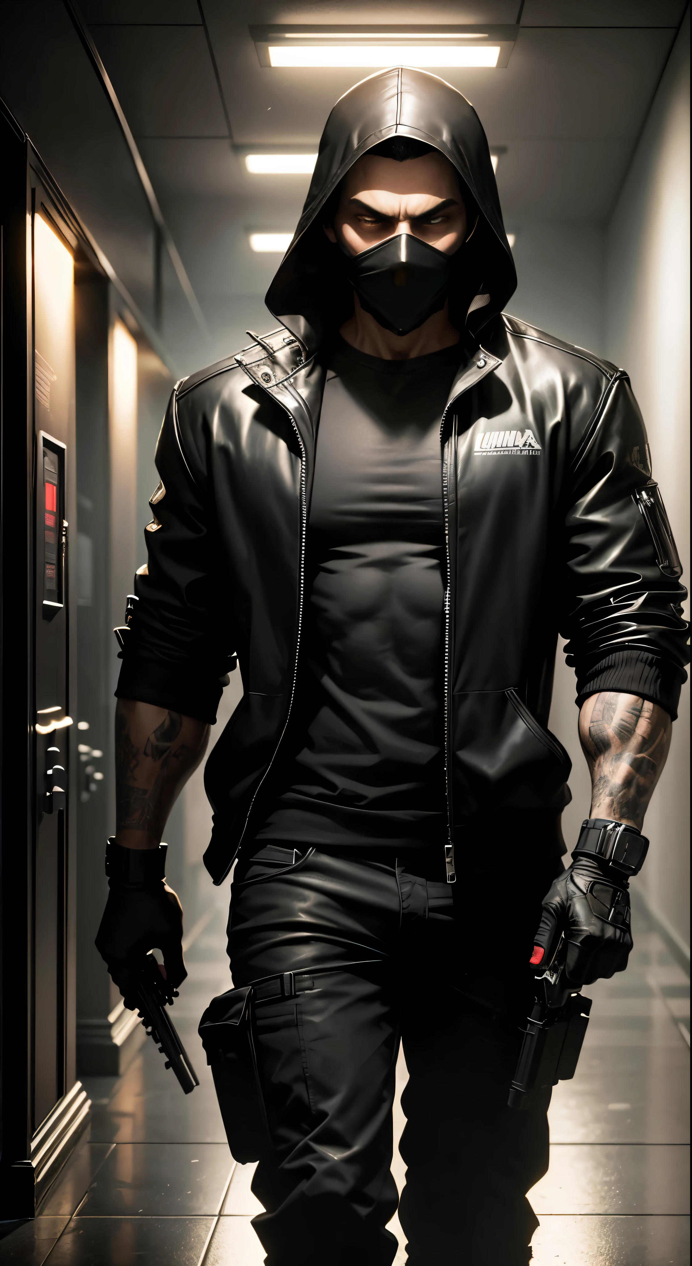 In the dimly lit hallway of an old bank, a man clad in a sleek, black mask and brandishing a menacing gun makes his entrance. The scene unfolds like a bank heist movie, characterized by the stealth and precision of a 3D rendered character art in 8K. His bulky figure, reminiscent of a cyberpunk street thug, seamlessly blends into the gritty, neon-lit background. The anticipation builds as he creeps closer to the vault, preparing for the high-stakes robbery.
A nearby monitor flickers to life, displaying an avant-garde assassin - their piercing gaze and long, flowing hair contrast