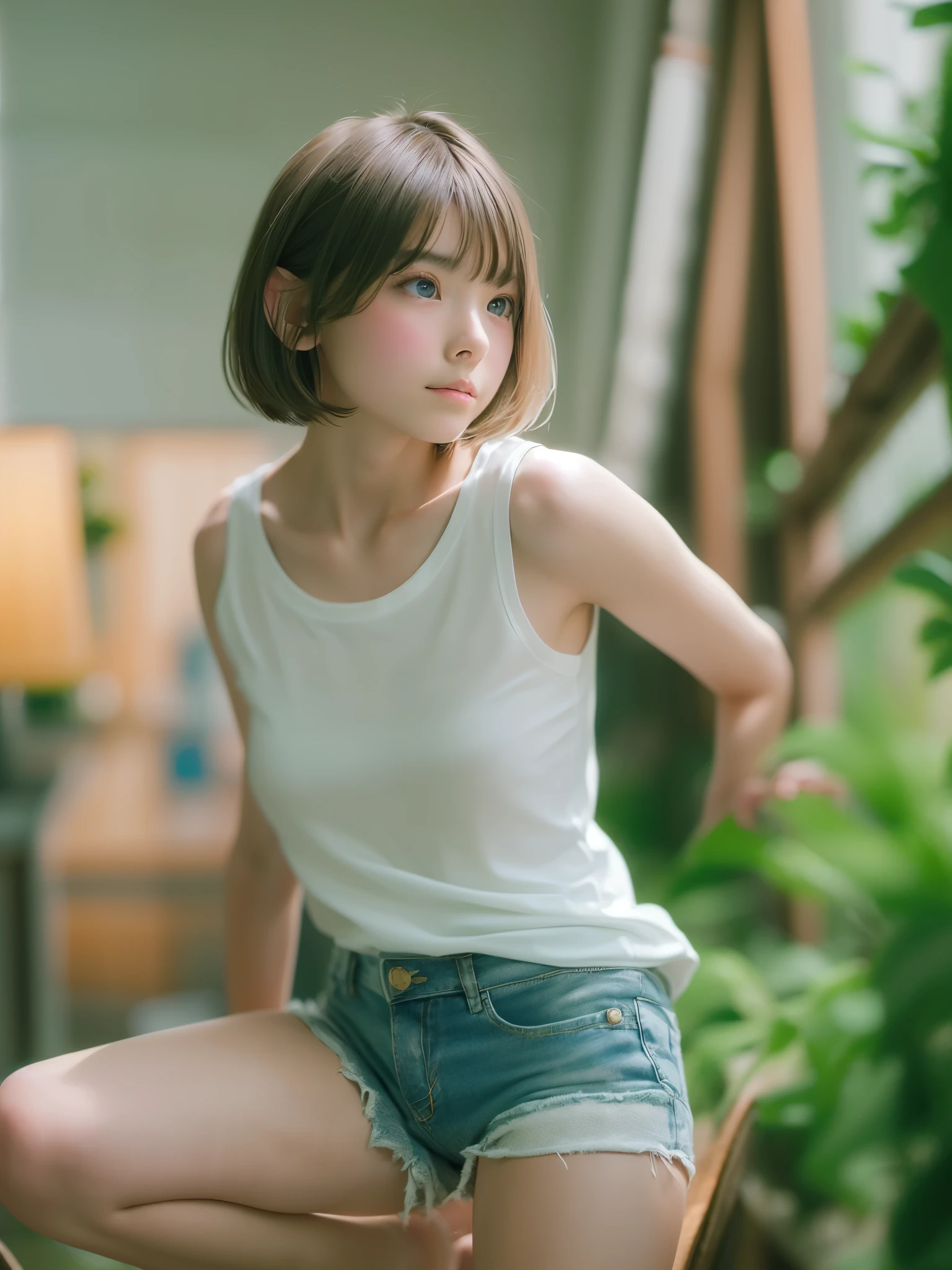 ((sfw: 1.4)), (( extra short hair, sidelocks-hair, 1 Girl)),solo,((18 years old)), (wearing  white tanktop:1.5),((short denim pants)) Ultra High Resolution, (Realistic:1.4), RAW Photo, Best Quality, (Photorealistic Stick), Focus, Soft Light, ,((Japanese)), (( (young face))), (surface), (depth of field), masterpiece, (realistic), woman, bangs, ((1 girl)),(half body image:1.5)