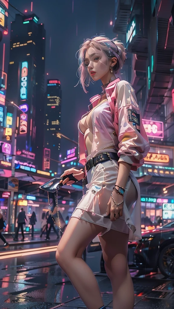 (Realistic:1.3, 16k, highest quality, masterpiece, Ultra-high resolution), ((light rain, From below)), Perfect dynamic composition:1.2, (Modern futuristic city at night, Expressions of sadness, ride a bicycle), Highly detailed skin and facial textures, Young Japanese Woman, Incredibly slim body, Fair skin, Sexy beauty, beautifully、beautiful, Very beautiful face, (Pink tight skirt, Wear cyberpunk clothes), (Shapely large breasts, Chest gap), (Big eyes that exude beautiful eroticism, Lips that exude beautiful eroticism), necklace, Earrings, bracelet, wedding ring, Shoulder bag, clock, sunglasses, Cowboy Shot