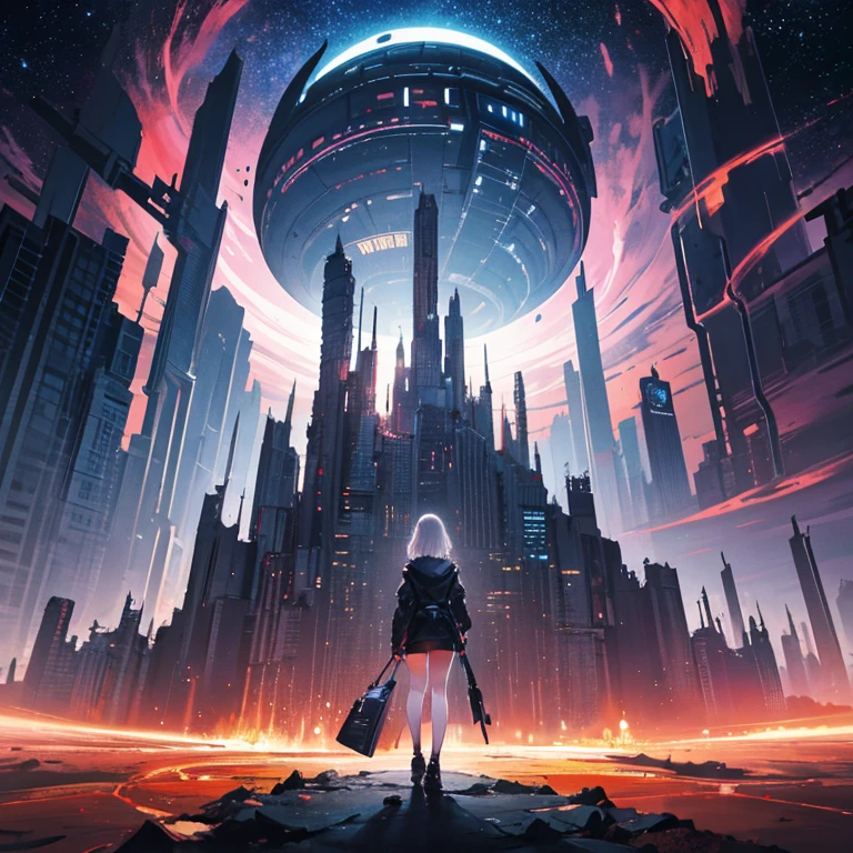there is a woman standing in front of a painting of a planet, futuristic city in background, psytrance artwork, interconnected human lifeforms, panoramic view of girl, progressive rock album cover, dream of the endless, star dust, galaxy, stoner rock --ar 16:9 --v 5.1