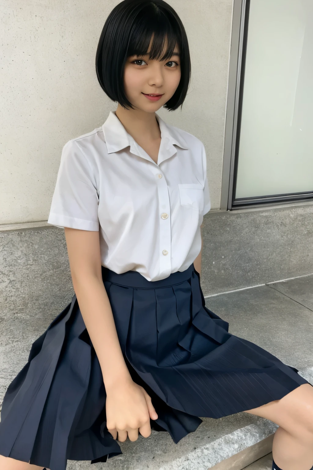 Masterpiece、highest quality、Woman 1、Super detailed、gravure　Black Hair、Short Hair　Japanese school girl uniform、Pleated skirt、panties　squat、Leg spread、Skirt Lift、自分でSkirt Lift、Pull up your skirt