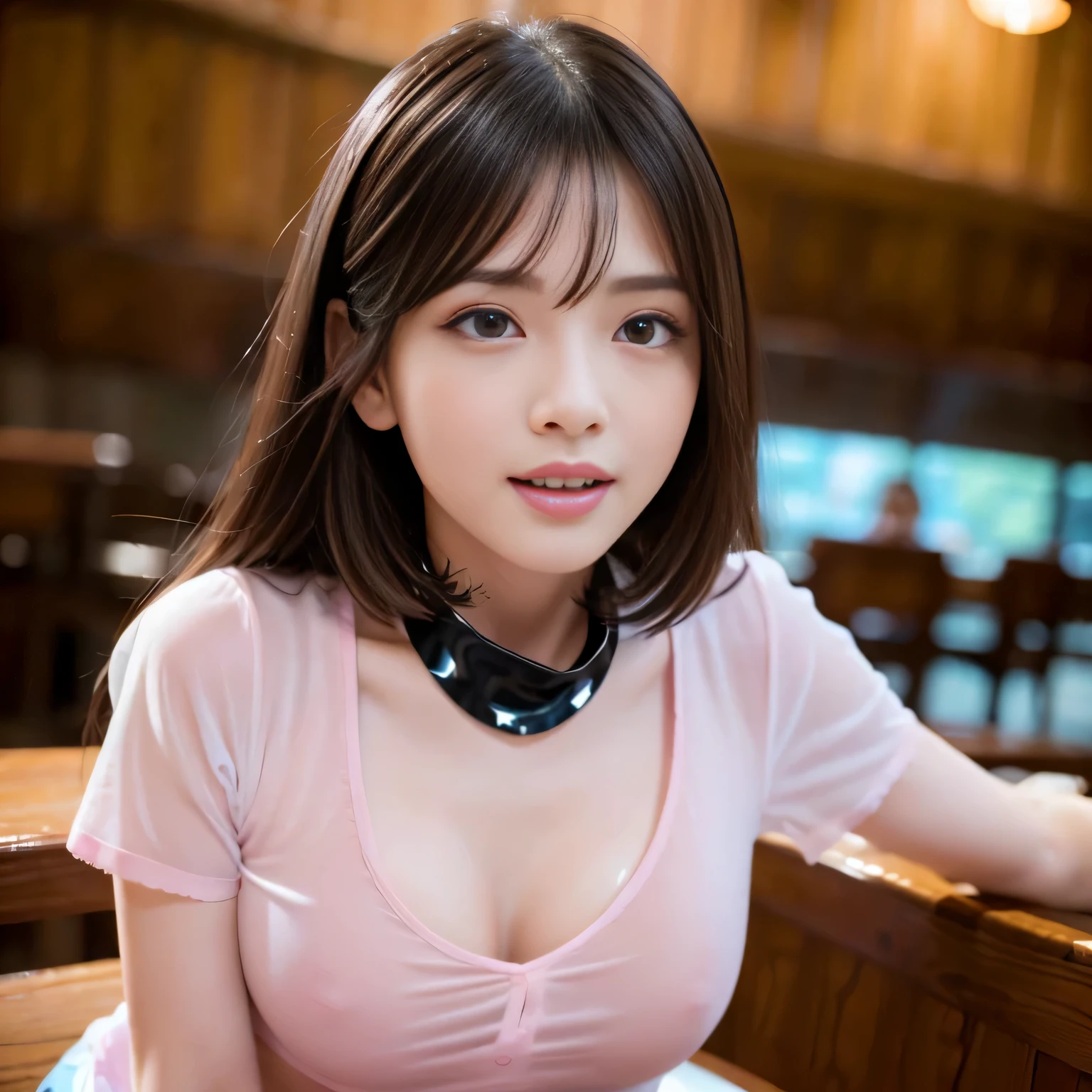 Group photo, Group photo, Very beautiful woman, Highly detailed eyes, Highly detailed face,  Sexy and highly detailed lips, Super detailed everything, Attractive woman, Black Choker, blue eyes, Very long eyelashes, bangs, Big Breasts, ((smile)), highest quality, masterpiece, ((Slim face)), Japanese actress, servant, ((High nose)), ((Tight shirt、See-through shirt、Pink collar shirt)), Happy atmosphere, mini skirt, Medium Hair, restaurant, Steak restaurant, Dishes on the table, Superior restaurant、Hair back、Orgasm Facial