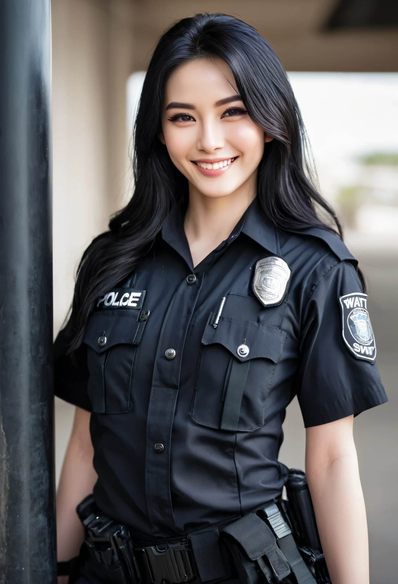 Young woman dressed as a police officer saying CICPC graduate 