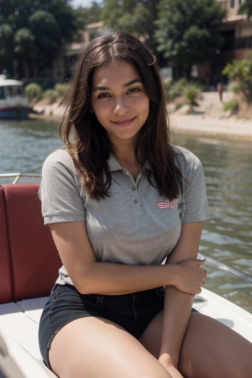 A very detailed photorealistic image of Prompt
Pretty american woman wear a Red and gray striped Polo t-shirt looking at the camera With the most beautiful romantic smile in the universe with eyes sparkling with love sitting on a white boat in the Nile River, 19 years old, with strawberry blond hair.
She is visiting egypt in winter. She looks straight to the camera, and her face is visible.
The photo is taken with a full -frame mirrorless camera, using a 50mm prime lens, taken on a Polaroid SX-70 film, with the dynamic mix of sunlight and urban lighting creating a vivid backdrop as ilumination.