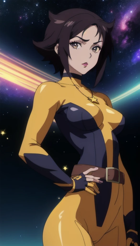 CARTOON_X_MENs,ownwaifu,
short hair,breasts,dark brown hair,colorful eyes,lipstick,makeup,lips,middle part hair,chin length hair,galaxy hair,stars,galaxy,yellow bodysuit,black jacket,fingerless gloves,belt,bodysuit,necklaces,choker,multicolored bodysuit,superhero, skin tight,multicolored clothes,  1girl, solo, looking at viewer,straight-on, upper body, official art, highres, scenery, (masterpiece:1.1), (best quality,:1.1), (high quality:1.1), (anime screencap:1.2),