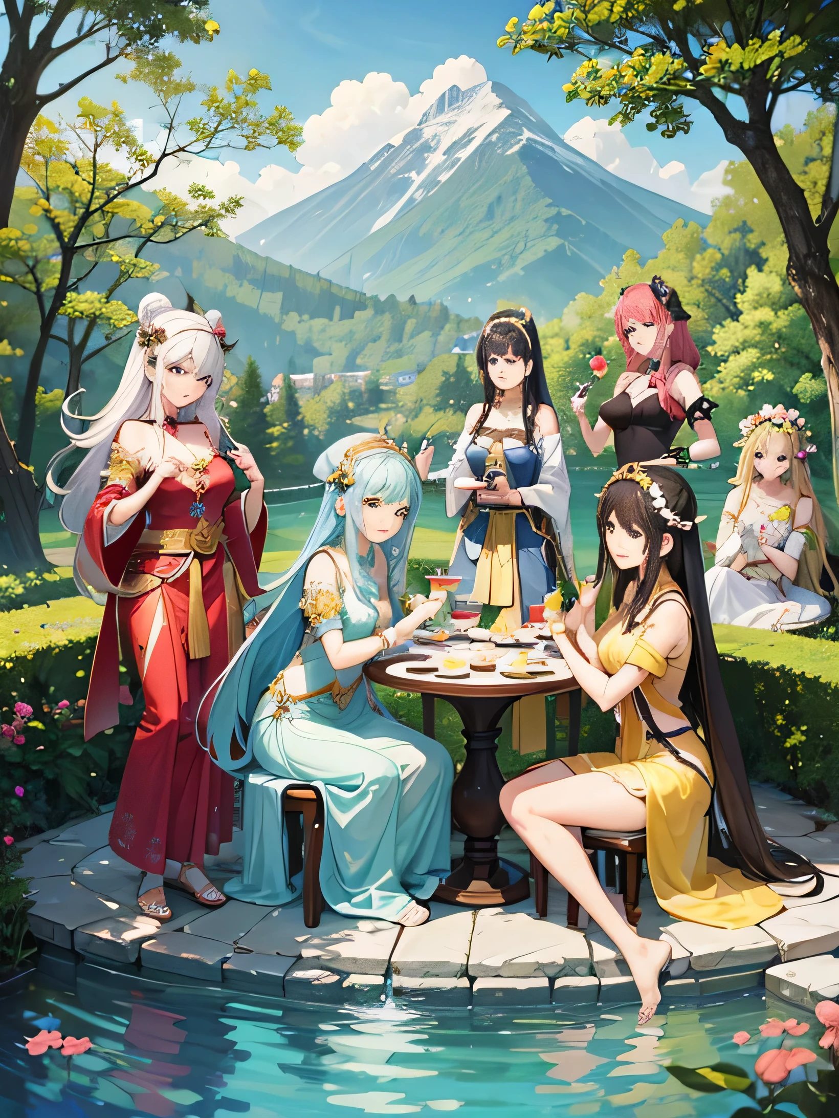 Tea Party of Goddesses from Around the World, Group selfie, Full Body Shot
