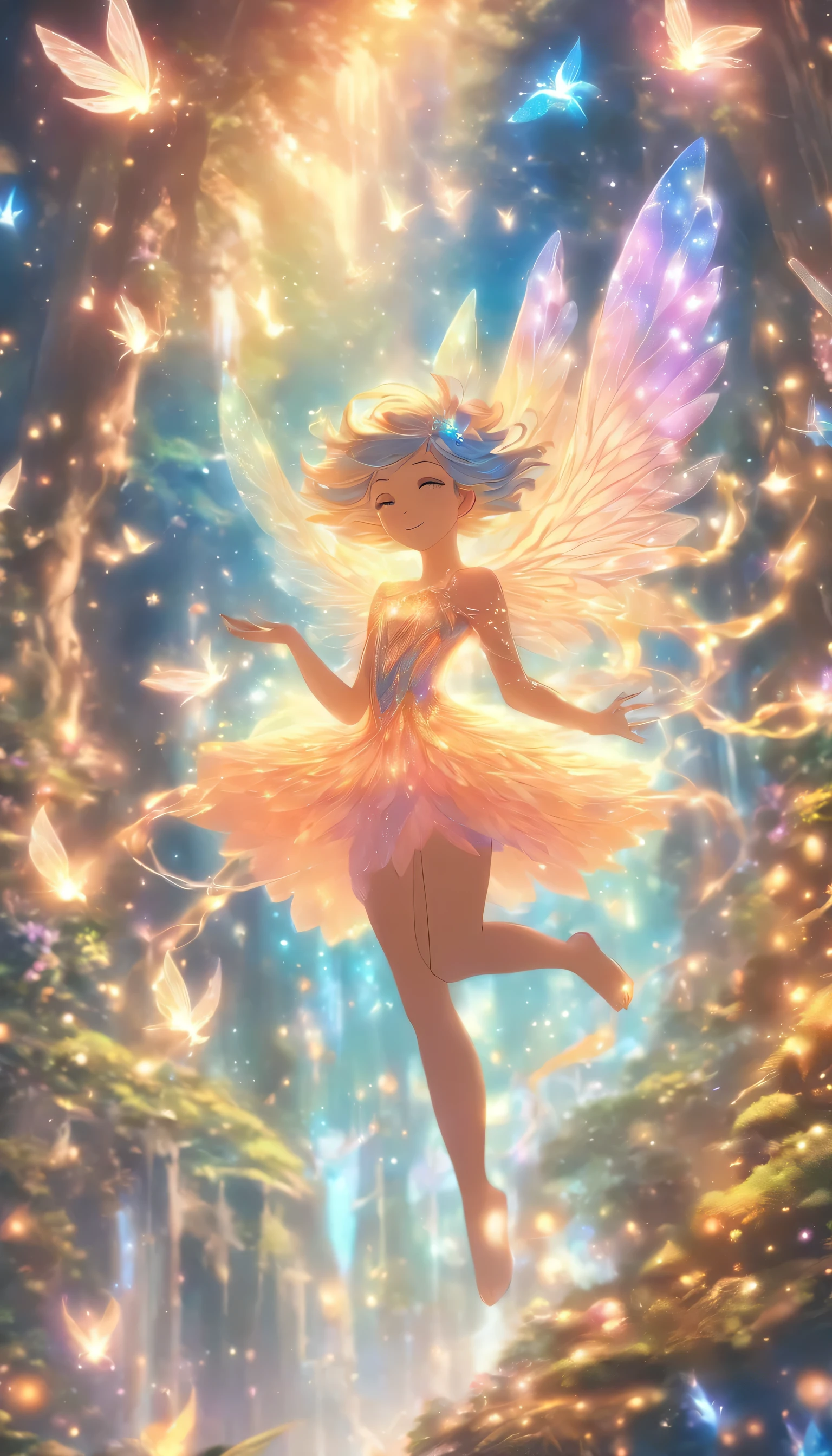 um pixie vestindo pixie armor,Flying through the magical forest,shimmering fairy powder,floating flower petals,majestosa filtragem da luz solar,folhagem lindamente texturizada,cogumelos brilhantes encantados,estrelas cintilantes,atmosfera surreal,breathtaking landscapes,detalhes extravagantes,bright ethereal wings,reino da fantasia,criaturas encantadas,Mystical aura,movimento gracioso,magic energy,pequenas joias cintilantes,dreamlike environment,Sereno e encantador,ethereal beauty,Magical adventure,cores encantadoras,Seres Encantados,Fairytale setting,Feixes de Luz Encantados,atalho spellbinding,tiny intricate details,Magical Wonderland,cheio de fantasia,sussurros encantados,floating and ethereal,leve e arejado,misterioso, mas convidativo,Trees covered with out-of-this-world vines,colorido e vibrante,A world of imagination,Fantastic elements,Flight to take the foil off,playful and mischievous,artesanato requintado,Tree spirits whispering