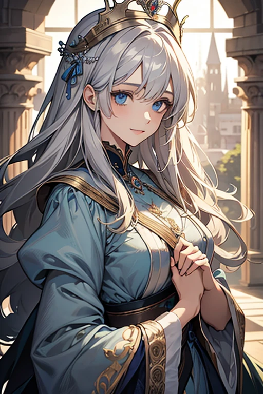 masterpiece、top-quality、超A high resolution、2D beautiful girl、animesque、teens girl、The long-haired、Silvery crown、Beautiful blue eyes、The clothes are also depicted in detail、Eyes are depicted in detail、The face is depicted in detail、Sorcerer、Soio、Gentle smile、hair adornments、animesque、illustratio