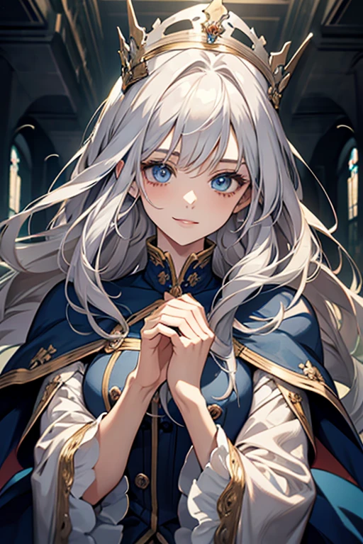 ​masterpiece、top-quality、超A high resolution、2D beautiful girl、animesque、teens girl、The long-haired、Silvery crown、Beautiful blue eyes、The clothes are also depicted in detail、Eyes are depicted in detail、The face is depicted in detail、Sorcerer、Soio、Gentle smile、hair adornments、animesque、illustratio
