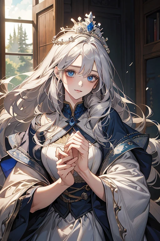 masterpiece、top-quality、超A high resolution、2D beautiful girl、animesque、teens girl、The long-haired、Silvery crown、Beautiful blue eyes、The clothes are also depicted in detail、Eyes are depicted in detail、The face is depicted in detail、Sorcerer、Soio、Gentle smile、hair adornments、animesque、illustratio