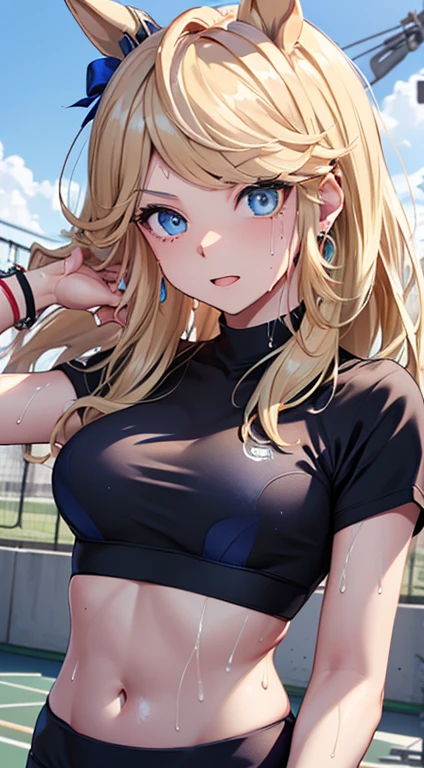 最high quality、best image quality、masterpiece、teenage girl((20-year-old、 By becoming、vest bust、medium bust,wide open breast tea、shining eyes, blonde hair、long hair、thin,highest valley、ponytail、white sports pants、white sports bra、sweating、scattering of sweat、Flushed body、black jacket、sit、gameplay)),high quality、beautiful art、background((fountain park、fountain square、bright sky))debris flies、Depth of written boundary、movie、visual art、perfect art、8k,genuine、