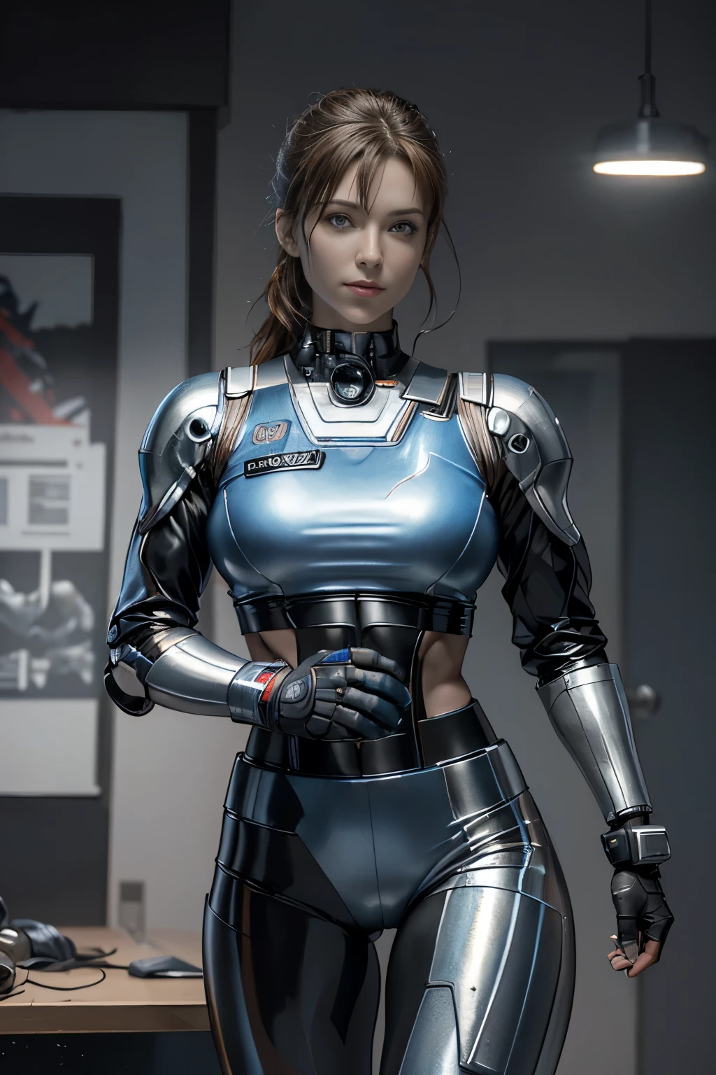 ((Russian People's Robocop - S2:1.1)), ultra-realistic, (masterpiece:1.3), (detailed:1.4), (photorealistic:1.5), Cybernetic Russian soldier, Metallic armor, Exposed mechanical joints, Steely expression, Red star emblem, Increased muscle definition, Military-grade weapons, Glowing blue energy lines, HDR lighting, Ray tracing, NVIDIA RTX, Hyper-Resolution, Unreal 5, sub-surface Scattering, PBR Texturing, post-processed, Anisotropy Filtering, depth of fields, Maximum clarity and sharpness, third