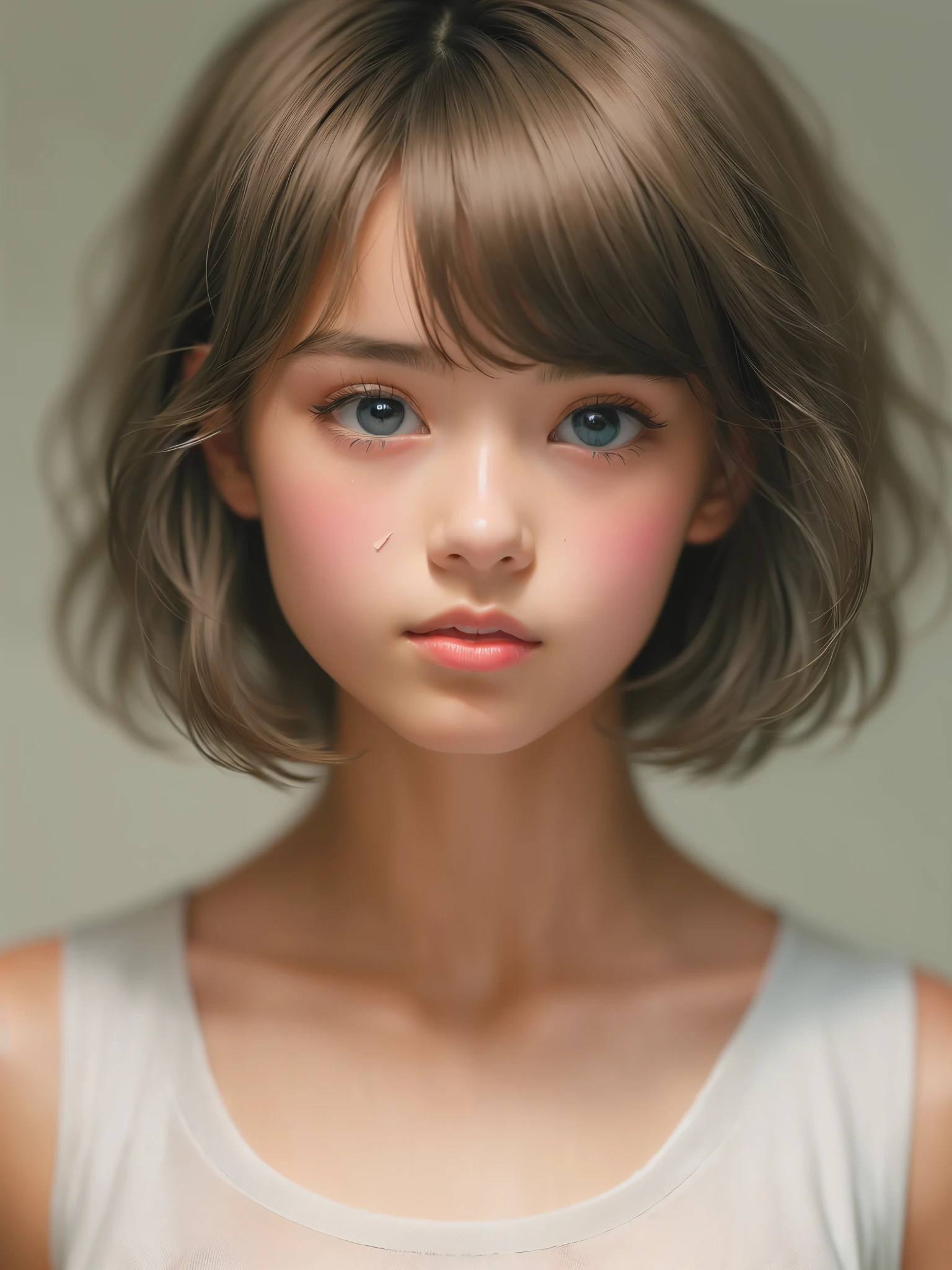 ((sfw: 1.4)), (( extra short hair, sidelocks-hair, 1 Girl)),solo,((18 years old)), (wearing white tanktop:1.5),((short denim pants)) Ultra High Resolution, (Realistic:1.4), RAW Photo, Best Quality, (Photorealistic Stick), Focus, Soft Light, ,((Japanese)), (( (young face))), (surface), (depth of field), masterpiece, (realistic), woman, bangs, ((1 girl)),(half body image:1.5)