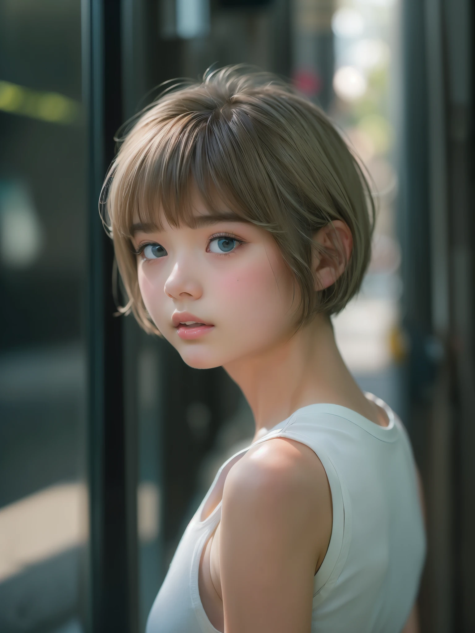 1girl, colorful theme, synthwave sky,(best quality, high quality, high resolution), realistic, ultra-detailed, highly detailed face features, absurdres, realistic lighting and reflections, highly detailed face features, see through shirt, best photo,high quality illustration
