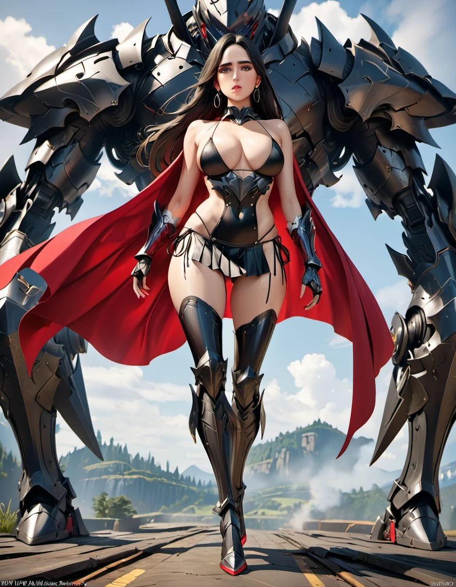 ((((Jennifer Connelly)))) as, Voluptuous, Busty White-Haired Female Dark Knight in ((((Black Full Metal)) Heavy Bikini Armor)), Red Eyes, (Thigh high Full Metal Armored Boots). (((Full Body View))), Long hair, Messy bun, (Red Cloak), BREAK (((Red Pleated Skirt))), BREAK detailed, perfect makeup, beautiful lips, large hoop earrings, (METAL bikini armor), No Helmet, (No Spikes), (Tall girl, Long legs), (Solo, 1girl), (Masterpiece, Detailed, 4k), perfect face, perfect lips, perfect makeup, dark eyeshadow, Unreal Engine 5, (Full Body Portrait), absurd resolution, high resolution, sharp image, vibrant colors