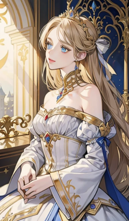 Fantasy, 19th century, empress, woman, delicate face, pale brown long hair, blue eyes, in a white royal dress with open shoulders, gold patterns on fabric, crystal jewelry, with a scarlet ribbon over the shoulder with the regalia of the monarch, Gothic castle made of white stone on the background, light, day, hd