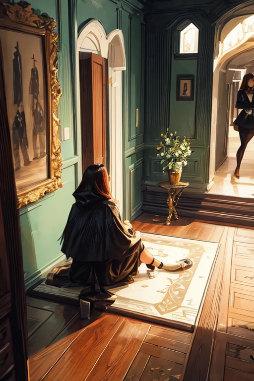 depict a woman who meets a mysterious woman in a room where there are many knives on the walls