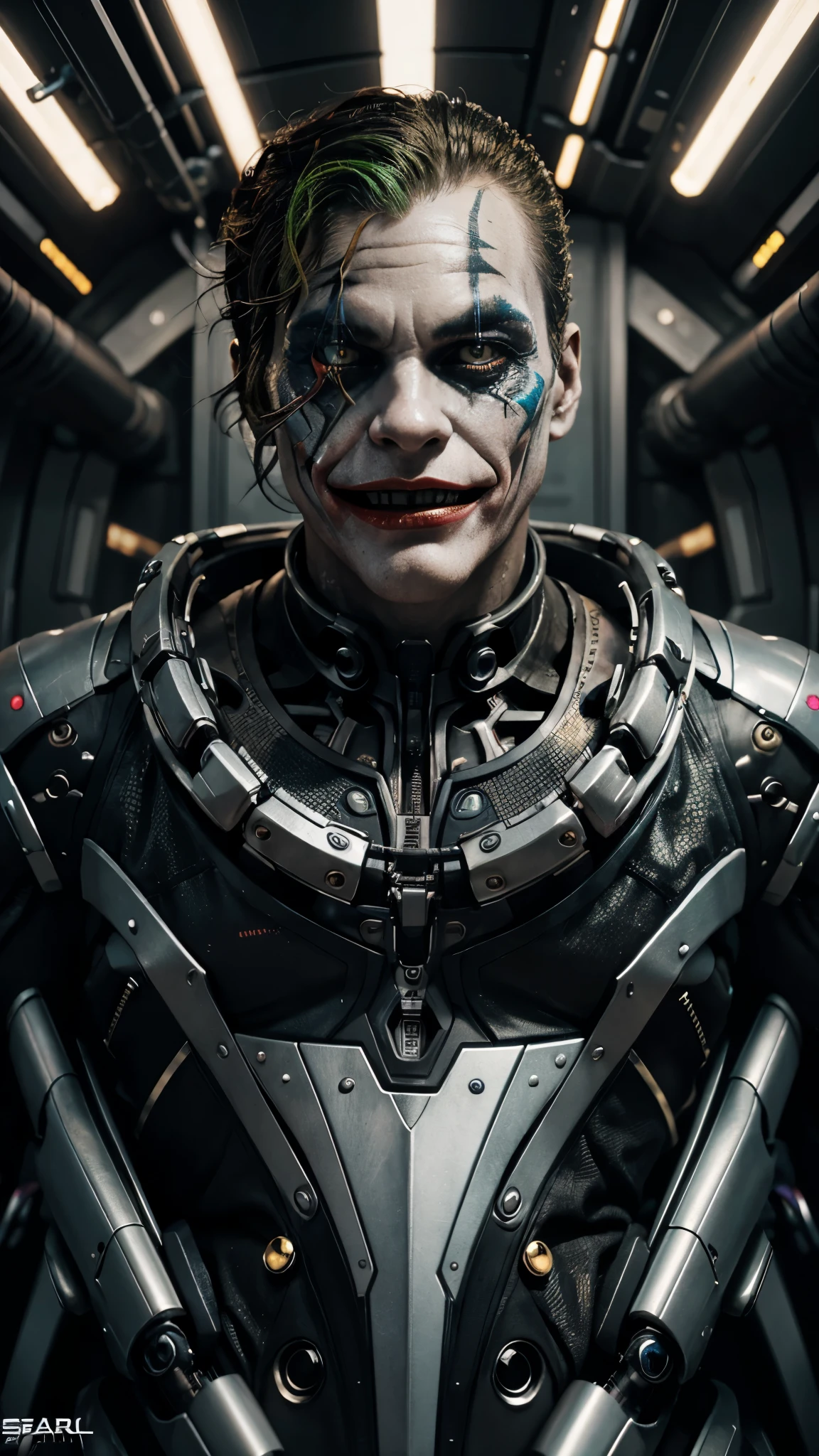 gloomy portrait of Joker Superman with intricate angular cybernetic implants inside a brutalist building, gothic brutalist cathedral, cyberpunk, award-winning photo, bokeh, neon lights, cybernetic limb