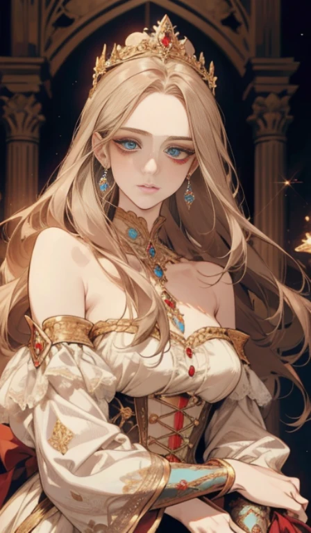 Fantasy, 19th century, empress, woman, delicate face, pale brown long hair, blue eyes, in a white royal dress with open shoulders, gold patterns on fabric, crystal jewelry, with a scarlet ribbon over the shoulder with the regalia of the monarch, Gothic castle made of white stone on the background, light, day, hd