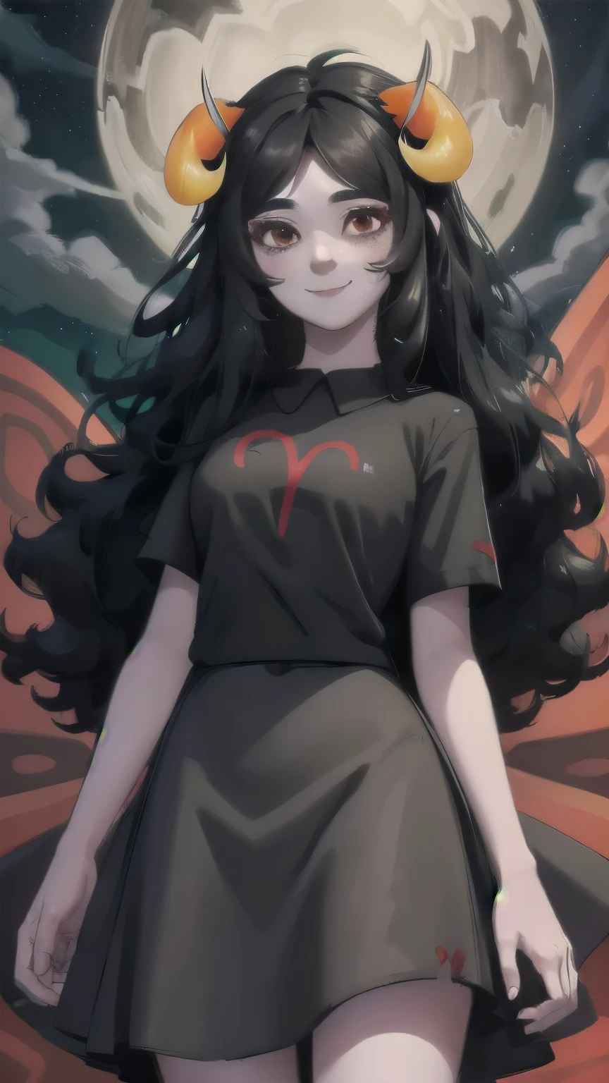 aradia, horns, gray skin, long hair, mature, smile, masterpiece, black eyes, orange sclera, black shirt, black skirt, dress, night, looking at viewer