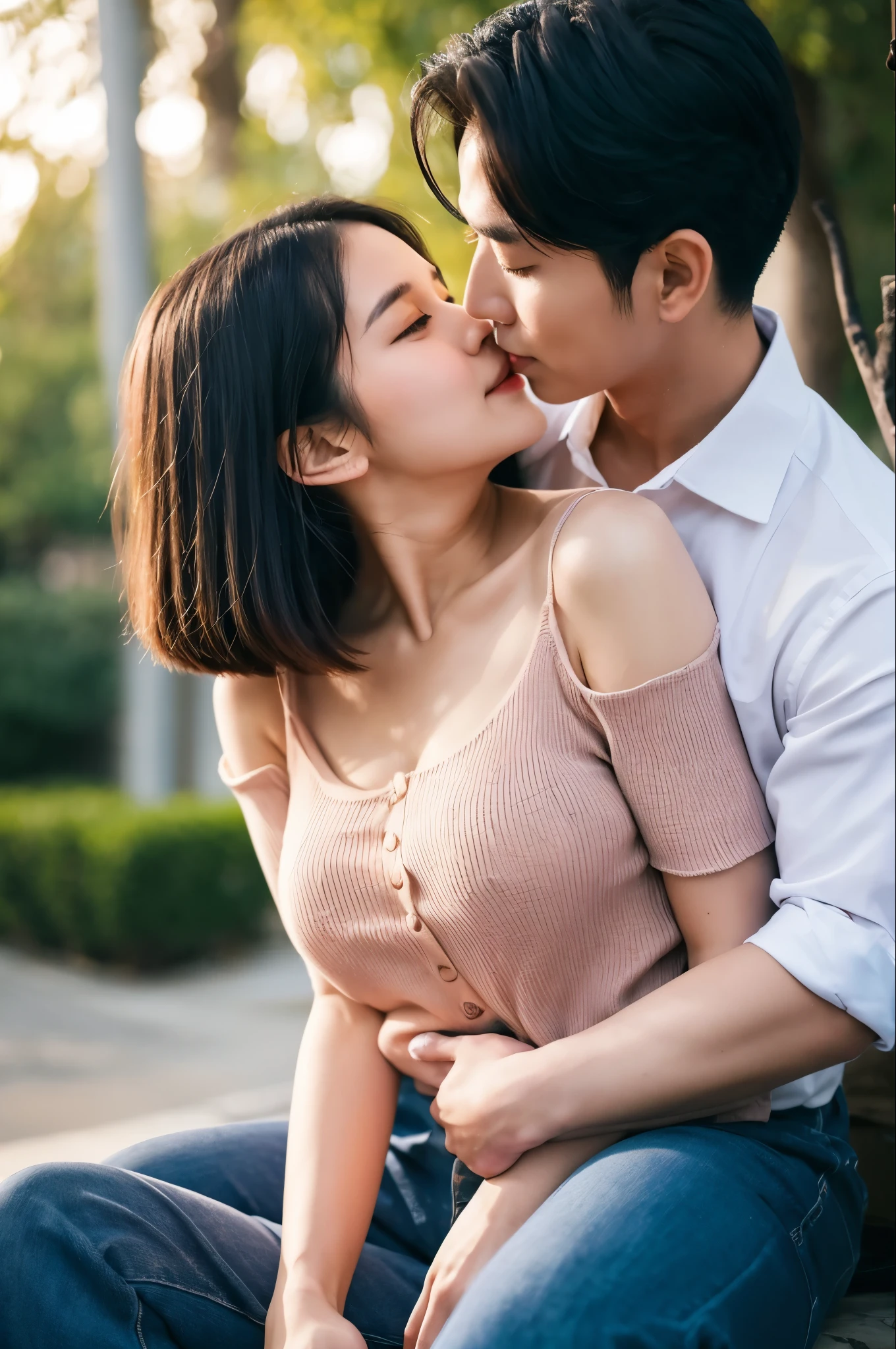 Just two people,70 year old man hugging his daughter in law,Face to face,kiss,Cute like an 18-year-old idol,Medium sized breasts
