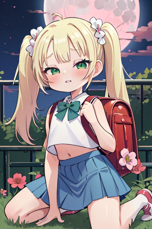 (Female , Blond hair in pigtails, green, eyes, fair skin) wearing a red backpack, ((Loli)), kneeling, crop top, sleeveless,skirt,parted lips,blush,night,flowers,sun,sunlight, blue clothes, mesugake expression