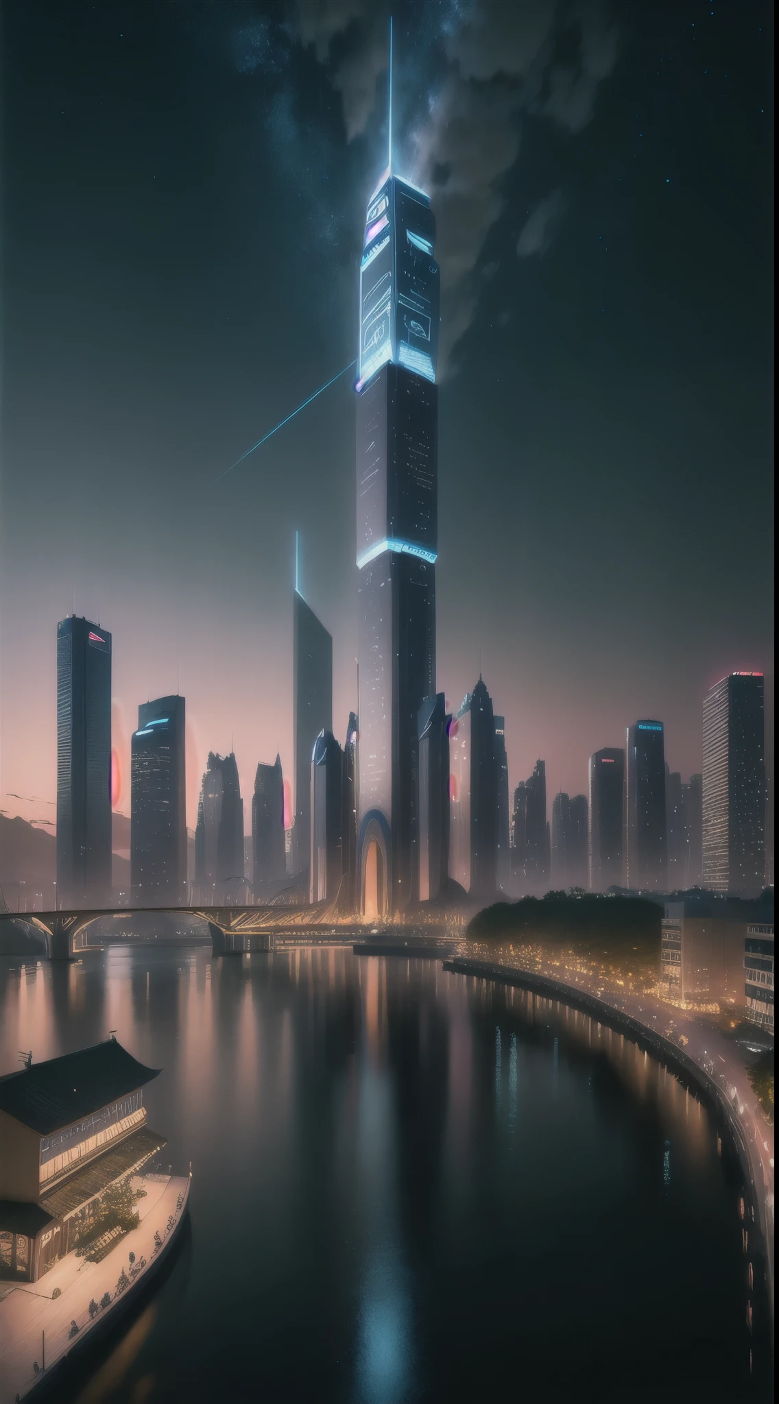 Cityscape with lake and square, There are lakes to a lesser extent. calm water,Wuliangye LOGO,Yangtze、Jinsha river、Minjiang River Confluence,三江口Yangtze大桥, Perfect reflection, landmark, close up, megabuildings, illustrations by Zha Shibiao, shutter, Art Nouveau, Yibin,Yibin,Yibin. Wide structure, Extra-wide city views, Night view, Starry Sky, Bright tones, Clear Night. beautiful city of the future, Beautiful city view, Technology City Background, Love Porcelain, Against the backdrop of a city. Inspired by Makoto Shinkai'Popular concept art and masterpieces on pixiv, Imagine (Wide-angle lens), Ultra-high resolution (Honesty: 1.4), super high quality, Extremely detailed CG Unity 8K wallpaper, aesthetics, Award-winning photography, A real sensation, High Detail, Wheels within wheels, The art of travel
