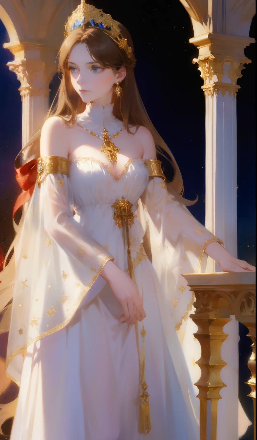 Fantasy, 19th century, empress, woman, delicate face, pale brown long hair, blue eyes, in a white royal dress with open shoulders, gold patterns on fabric, crystal jewelry, with a scarlet ribbon over the shoulder with the regalia of the monarch, Gothic castle made of white stone on the background, light, day, hd