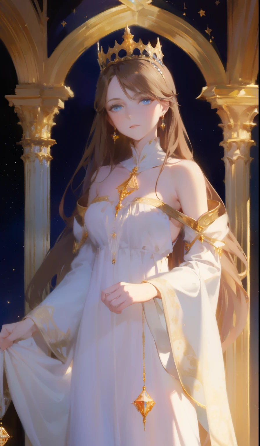 Fantasy, 19th century, empress, woman, delicate face, pale brown long hair, blue eyes, in a white royal dress with open shoulders, gold patterns on fabric, crystal jewelry, with a scarlet ribbon over the shoulder with the regalia of the monarch, Gothic castle made of white stone on the background, light, day, hd