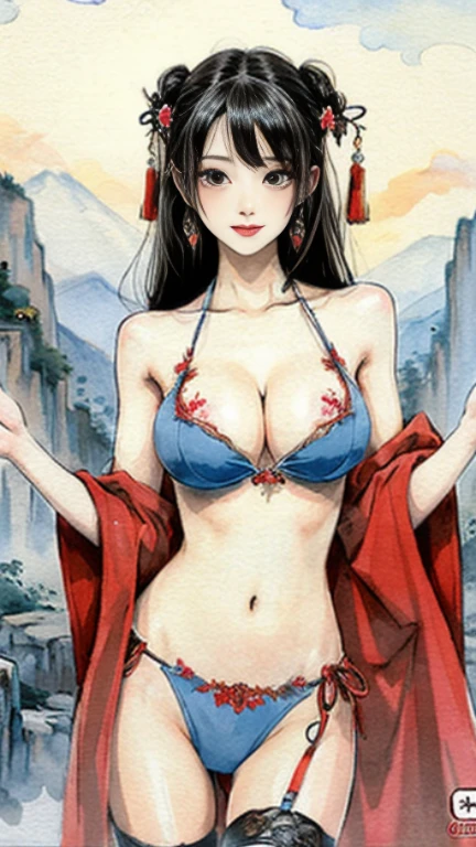 (masterpiece, highest quality: 1.2), (Traditional Chinese Landscape Painting、watercolor), (The steep mountains of Huangshan in China々々He painted a landscape、watercolor)One Girl,(Large Breasts、big 、big 房、big Tits) Exquisitely embroidered Chinese costume ,Decorative micro bikini ,(Cleavage exposure、Expose your arms、Navel exposure、Exposed thighs)Garter Stockings、 (smile), Looking at the audience,