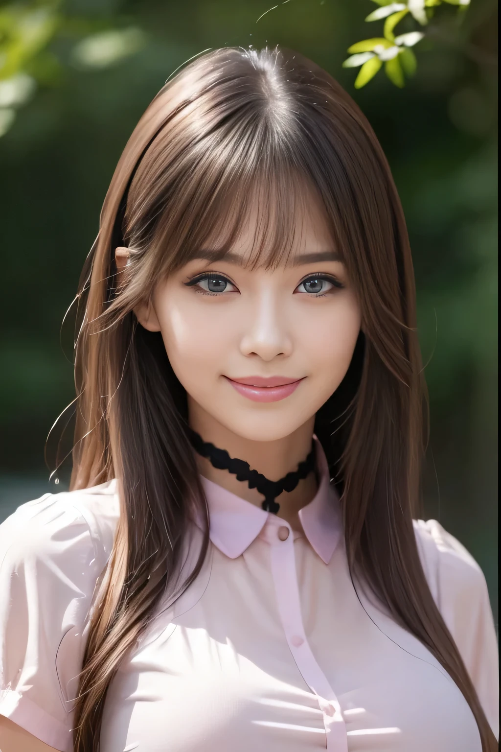 Group photo, Group photo, Very beautiful woman, Highly detailed eyes, Highly detailed face, Sexy and highly detailed lips, Super detailed everything, Attractive woman, Black Choker, blue eyes, Very long eyelashes, bangs, Big Breasts, ((smile)), highest quality, masterpiece, ((Slim face)), Japanese actress, servant, ((High nose)), ((Tight shirt、See-through shirt、Pink dress shirt)), Happy atmosphere, Fun smile, mini skirt, garden