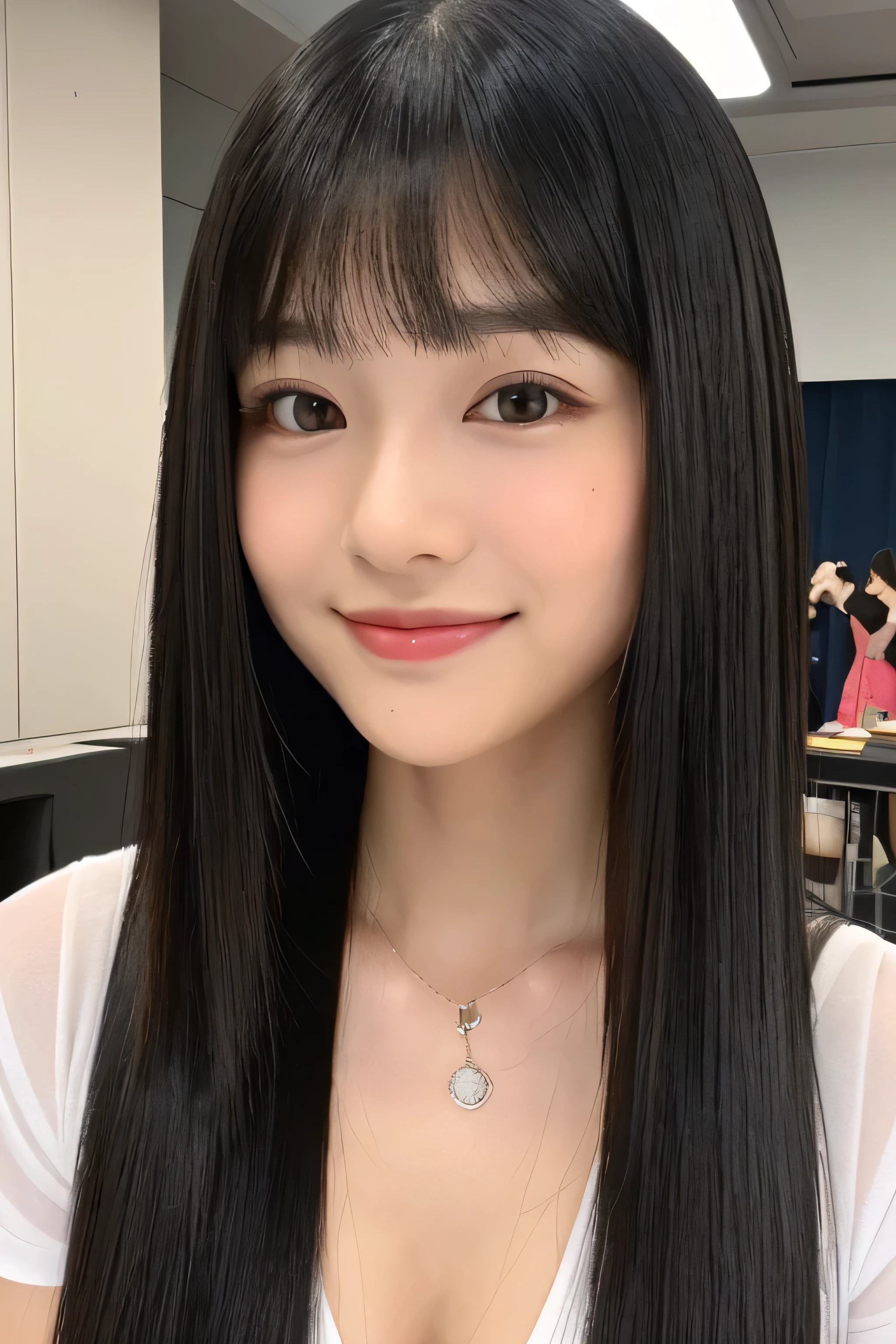 (((Long, high-quality black hair that reaches down to the waist 1.3)))　((highest quality)), ((masterpiece)), (それにGet used to it) 　perfect beautiful baby face　(The most childlike-faced 12-year-old Japanese elementary school student)　(The bangs are neatly trimmed and fall straight down to the eye level, giving the hairstyle a princess cut.)　(Ridiculously long hair, Black shiny hair, Very shiny, Abnormally long hair, 厚く輝くunusually long black hair,Jet black silky hair　Her hair is とても長い and straight　Get used to it　unusually long black hair, unusually long black hair, Very long black hair)　((Rich 1.4))　beautifull Get used to it face　(Actual, Vibrant:1.4), double eyelid　Sharp focus:1.2、Beautiful woman:1.4　(RAW photos taken by a professional photographer using a single-lens reflex camera　8K)　The whole body is super beautiful々New skin texture　((She wears light, cute, baby-faced makeup.　Lipstick is only glossy))　Unique Japanese faces　　(She has a typical Japanese skin tone and beautiful, extremely fine skin texture..4)　(She has a typical Japanese figure and large breasts.:1.4)　(This is the food court)　(She is wearing a white T-shirt and blue jeans)　(Professional Lighting)　(Upper body table top)　(She looks at the viewer and has a cute smile)　peach