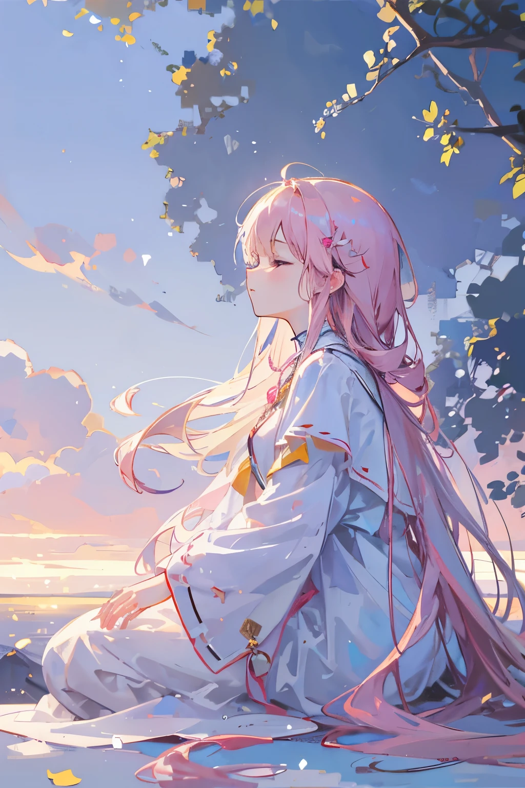 A young girl with soft, flowing hair, wearing white, flowing, long clothes, no accessories, in a side profile view, sitting on a fluffy cloud. The artwork should have soft, pastel colors mixing blue, yellow, and pink. The image should have the best quality, be ultra-detailed, realistic, and photorealistic. The art style should focus on portraits. The lighting should create a gentle, dreamy atmosphere.The girl should close her eyes and hold a bright glowing star.