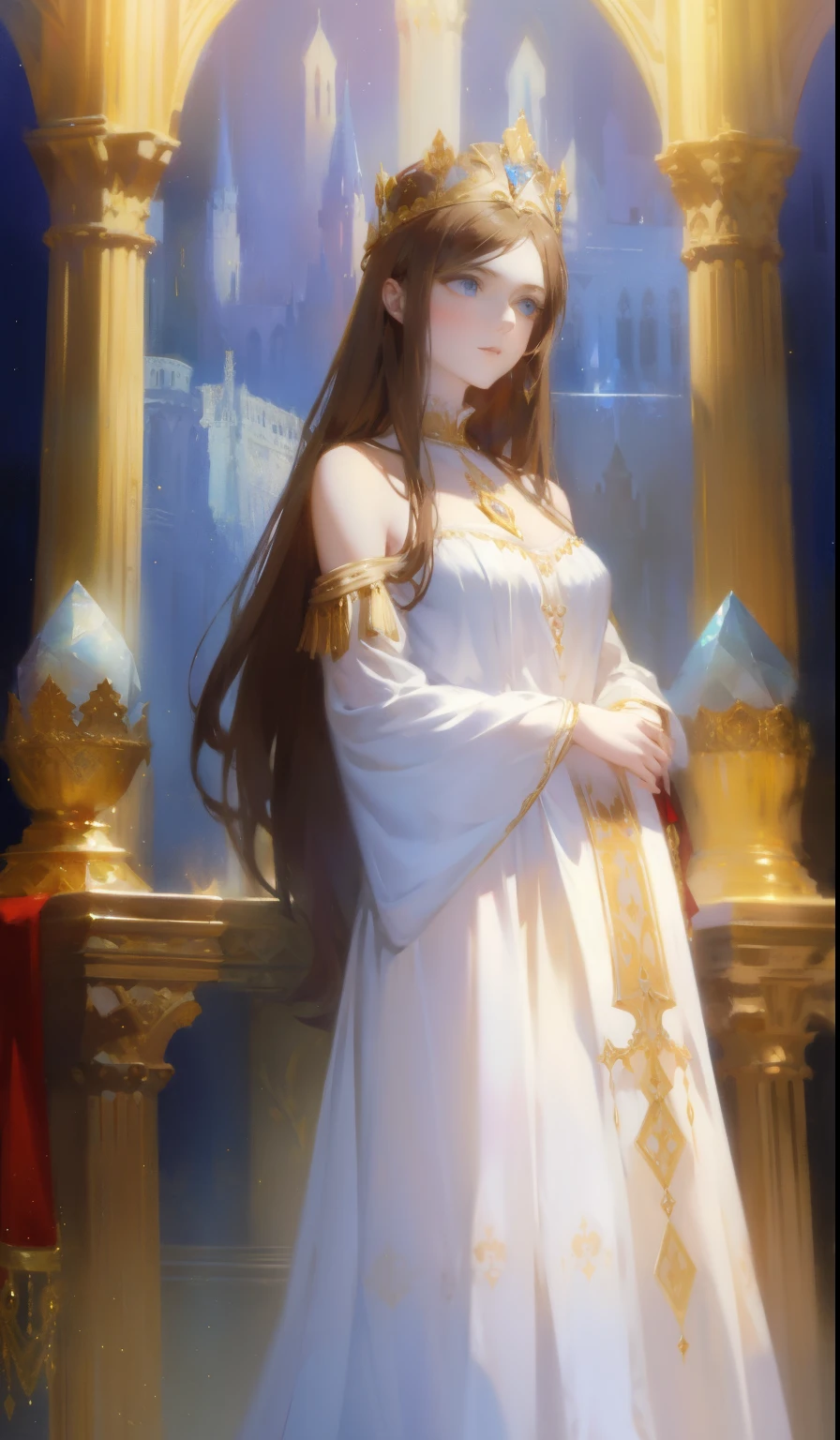 Fantasy, 19th century, empress, woman, delicate face, pale brown long hair, blue eyes, in a white royal dress with open shoulders, gold patterns on fabric, crystal jewelry, with a scarlet ribbon over the shoulder with the regalia of the monarch, Gothic castle made of white stone on the background, light, day, hd