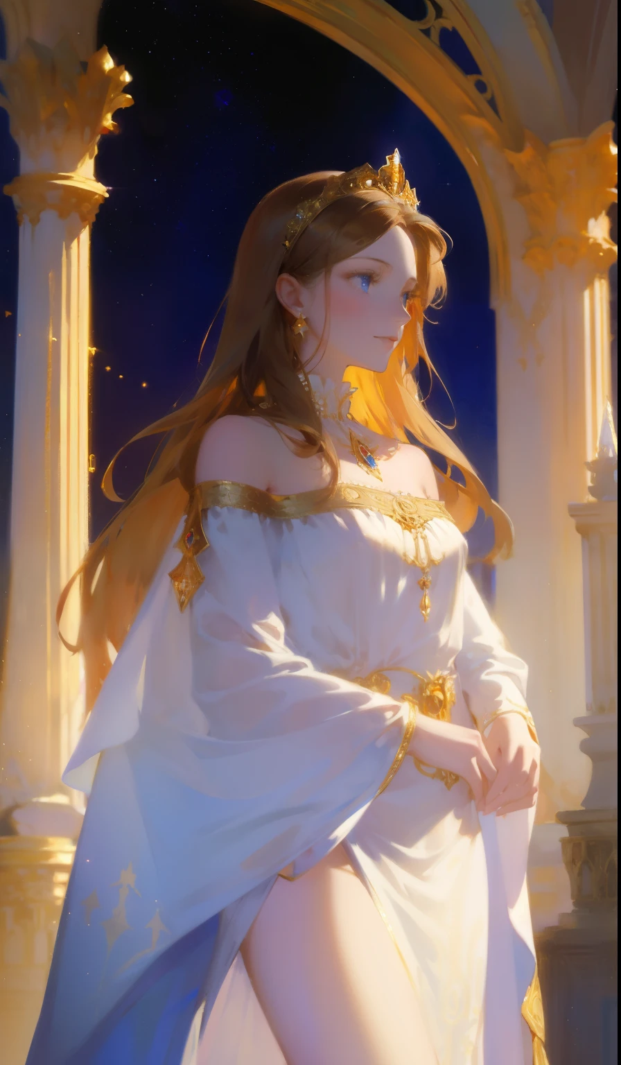 Fantasy, 19th century, empress, woman, delicate face, pale brown long hair, blue eyes, in a white royal dress with open shoulders, gold patterns on fabric, crystal jewelry, with a scarlet ribbon over the shoulder with the regalia of the monarch, Gothic castle made of white stone on the background, light, day, hd