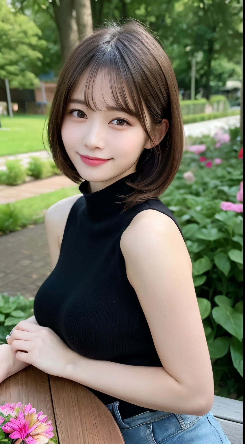 Tabletop、highest quality、figure、 Super detailedな、High resolution、8Kのwallpaper、完璧なダイナミックな構figure,、Beautifully detailed ideal hair、(Beautiful big breasts:1.3)、Natural color lip、Bold sexy pose、smile、Harajuku、20 year old girl、cute、Sexy shot of the camera、(highest quality: 1.3), (masterpiece: 1.3), (Super detailed: 1.3), (wallpaper, One Girl: 1.1)、(Small hands and fingers:1.2)、(Fine, super oily, shiny skin:1.1)、oily shiny thighs、(Perfect beautiful black sleeveless high neck knit top:1.4)、Denim shorts、Brown Hair、short hair、Bouncing Hair、Beautiful sister、(garden:1.2)、(Beautiful big breasts:1.2) 、((Sleep on your back)),Raise your arms