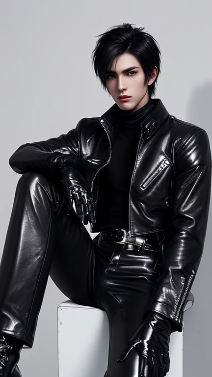 Final Fantasy-style graphics, young, Cute and cool Japanese boys, Thin eyebrows and big eyes,  He is wearing a shiny white single-breasted leather jacket....。Biker style leather jacket、 with epaulettes,  The jacket is zipped up, The jacket pockets are black., The jacket has a high stand-up collar with a belt, Also wearing a black turtleneck, black leather pants, Thin black leather gloves on both hands, Black leather knee-high lace-up boots, Show me your whole body from head to toe, Final Fantasy Style、((good looking))、((good looking))、((Clear eyes and nose))、((Shiny white single leather jacket))、((The jacket must be white))、((The jacket has epaulettes))、((Jacket has a high stand-up collar and belt))、((The jacket has a black pocket))、((Black turtleneck shirt))、((black leather pants))、((Shiny black leather gloves on both hands))、((Black lace-up leather long boots))、((View full-body images from a distance))、Realistic image quality and texture、In a small cell、close your eyes、A kind smile、((The jacket is closed with a zipper))、((No exposed skin below the neck))、((Round face)、((Short Hairstyleedium build))、