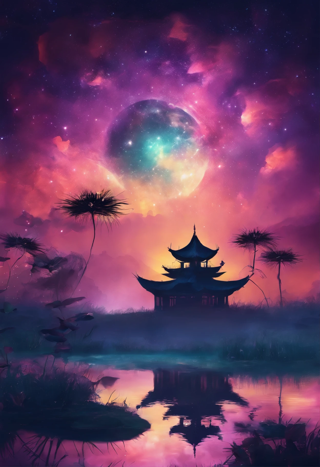 (masterpiece，Real photography，Simple composition：1.5），night，moonlight over lotus pond，Beautiful artistic conception，Realistic style，Magnificent atmosphere