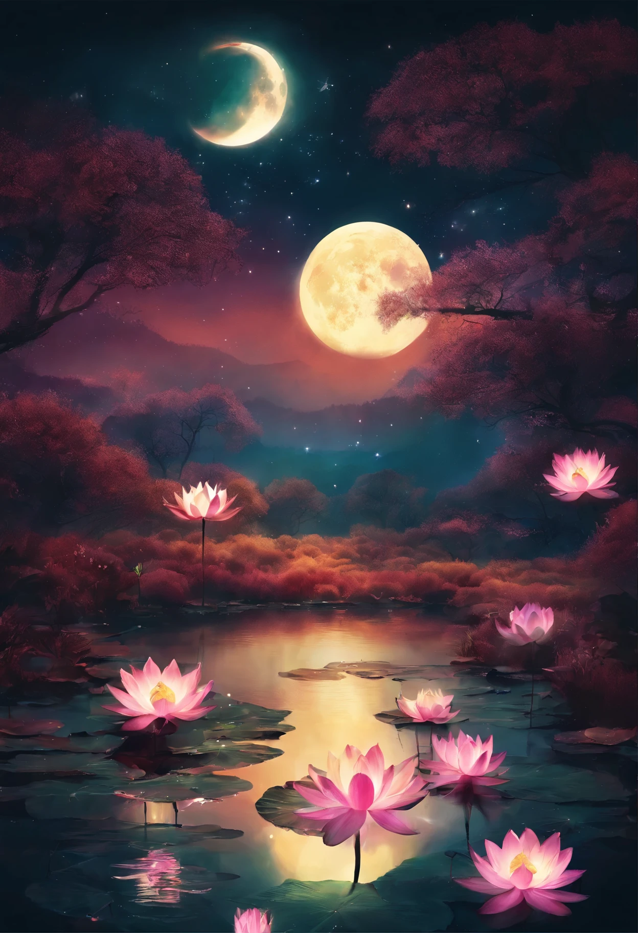 (masterpiece,Real photography,Simple composition:1.5),night,moonlight over lotus pond,Beautiful artistic conception,Realistic style,Magnificent atmosphere