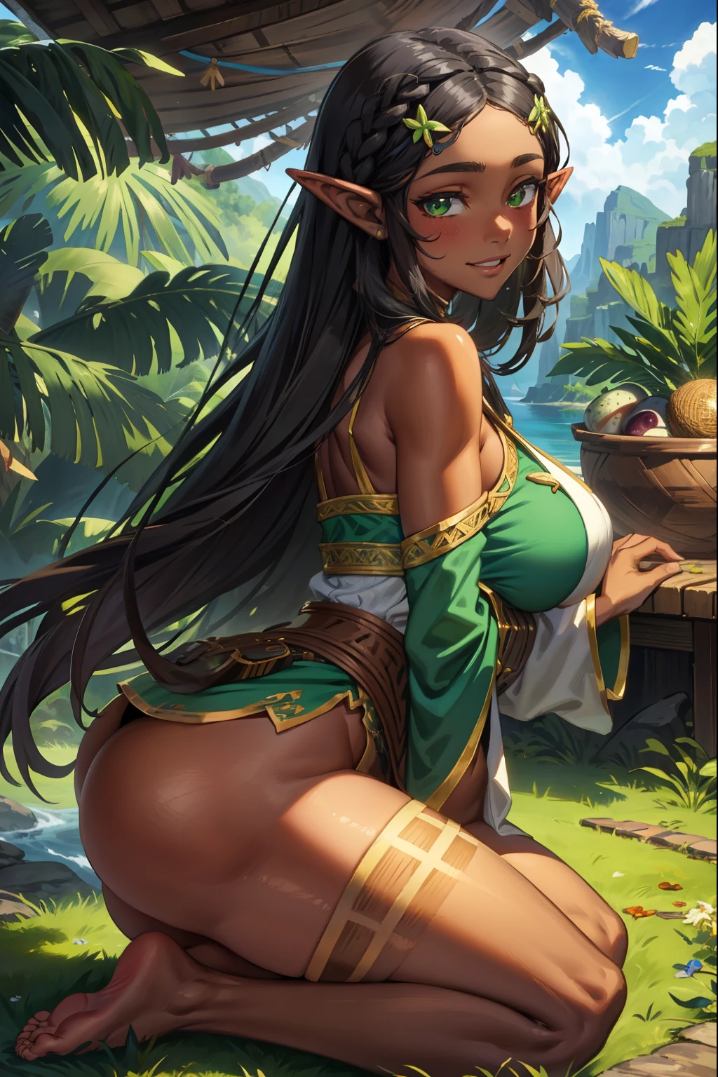 aazelda, long hair, pointy ears, dark skin, Green eyes, Black hair, Seiza, barefoot, (extremely detailed CG unity 4k wallpaper),(masterpiece),(best quality),(ultra-detailed),(best illustration),(best shadow),(absurdres),(detailed background), Tropical island, tribal girl, shy smile, blushing, Wide hips, Thick thighs, big ass, Big breasts,