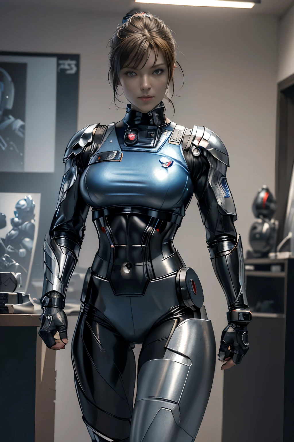 ((Russian People's Robocop - S2:1.1)), ultra-realistic, (masterpiece:1.3), (detailed:1.4), (photorealistic:1.5), Cybernetic Russian soldier, Metallic armor, Exposed mechanical joints, Steely expression, Red star emblem, Increased muscle definition, Military-grade weapons, Glowing blue energy lines, HDR lighting, Ray tracing, NVIDIA RTX, Hyper-Resolution, Unreal 5, sub-surface Scattering, PBR Texturing, post-processed, Anisotropy Filtering, depth of fields, Maximum clarity and sharpness, third