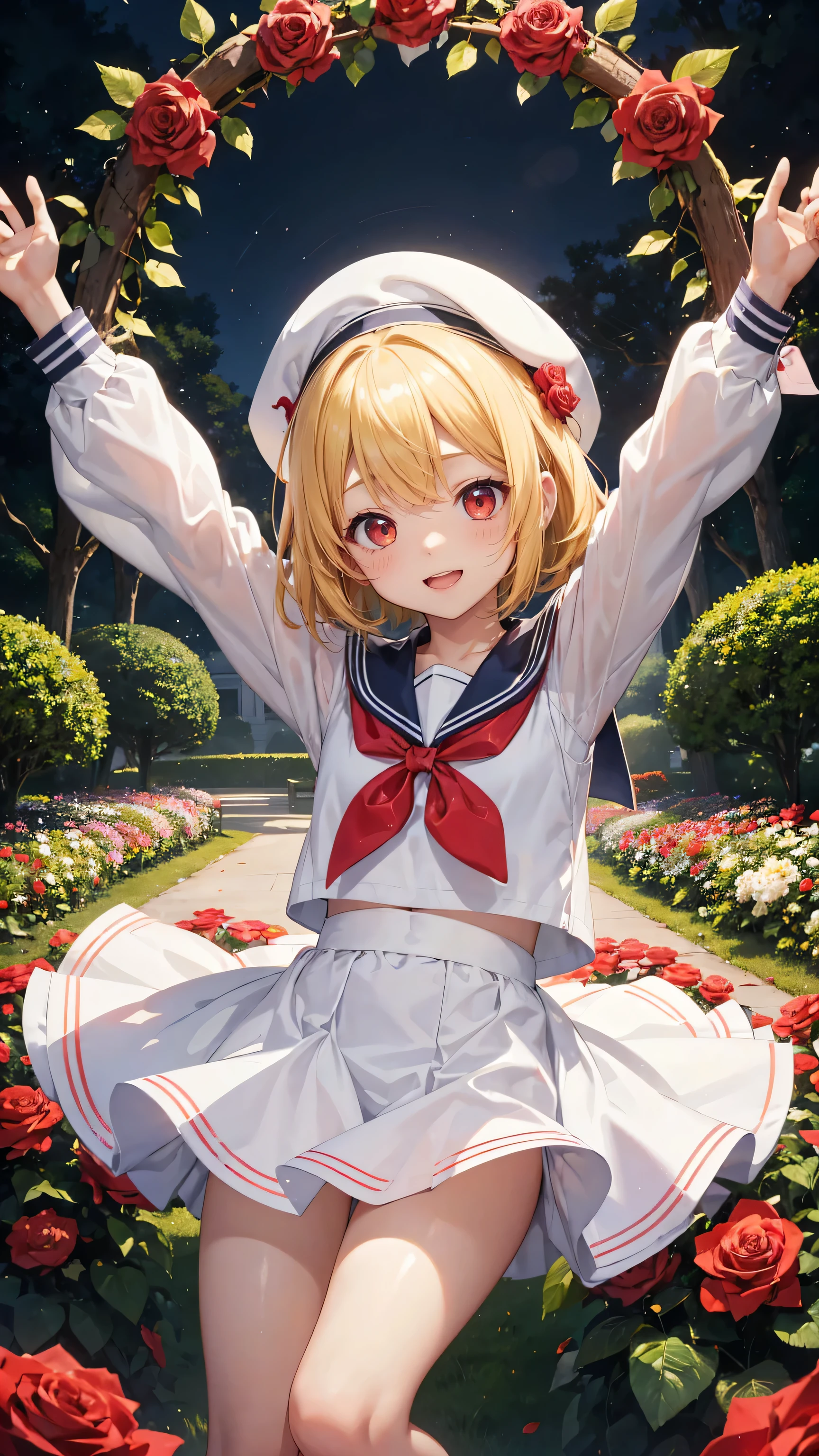 Very cute girl、(I' 8 y、light yellow hair、Shortcuts、Bangs too close to the eyes、Glowing red eyes、(Normal Human Ear)、Thin arms、Beautiful body、Thin legs、Flat Chest、Translucent white skin、Happy smile、Open your mouth、(Sailor suit、Red mini skirt).(Rose Garden)、Playing innocently、Ultra HD、Digital SLR、Many colorful roses blooming in the background、Upper Body Shot、